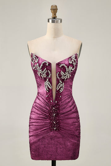 Strapless Bodycon Beaded Grape Homecoming Dress with Rhinestones
